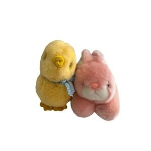 Vtg Chosun Yellow Plush Chick & Jin Xin Pink Bunny Stuffed Animal Toys Easter